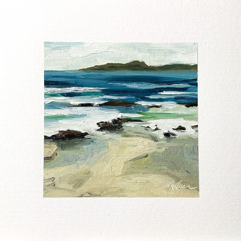 8x8 Original Oil Painting Seascape New England Coastal Beach Rocks Waves Signed